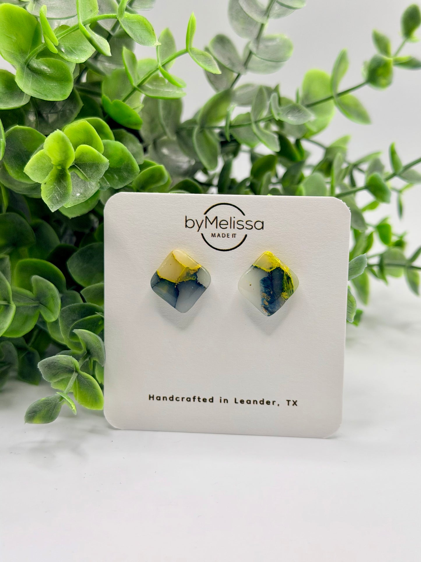 Navy and Gold Round Square Stud Earrings