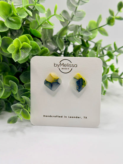 Navy and Gold Round Square Stud Earrings