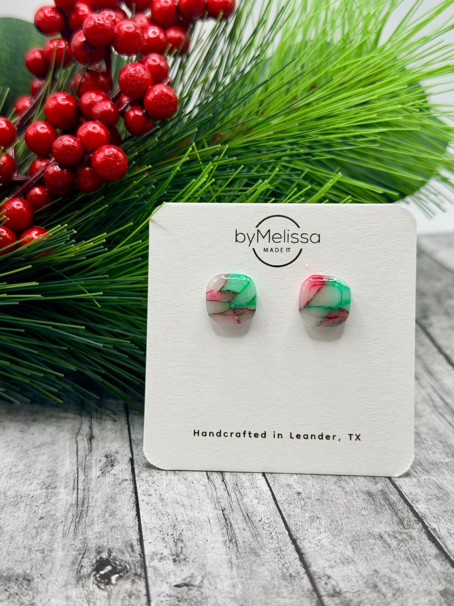 Red and Green Small Embedded Square Stud Earrings
