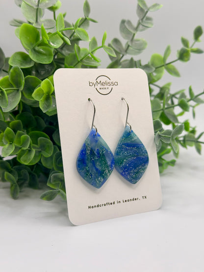 Forest Green and Blue Small Wide Leaf Drop Earrings in Silver