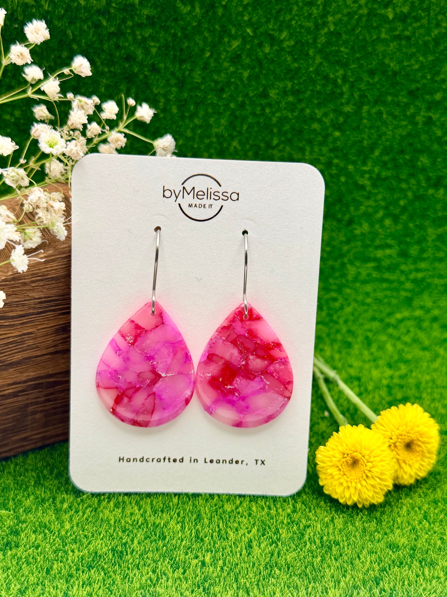 Red and Pink Small Wide Teardrop Drop Earrings in Silver