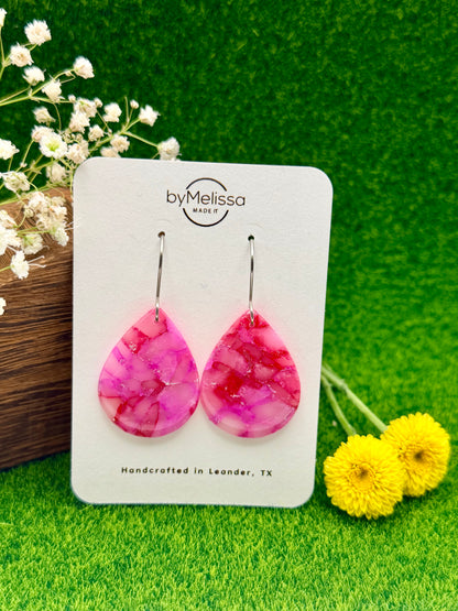 Red and Pink Small Wide Teardrop Drop Earrings in Silver