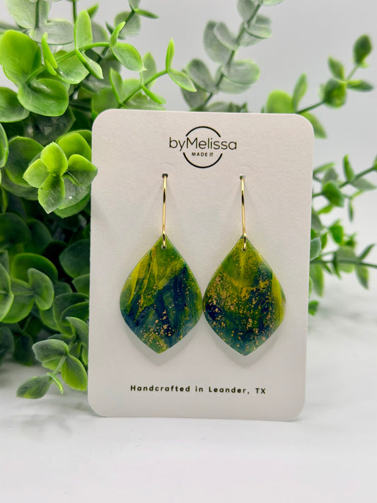 Navy and Gold Small Wide Leaf Drop Earrings in Gold
