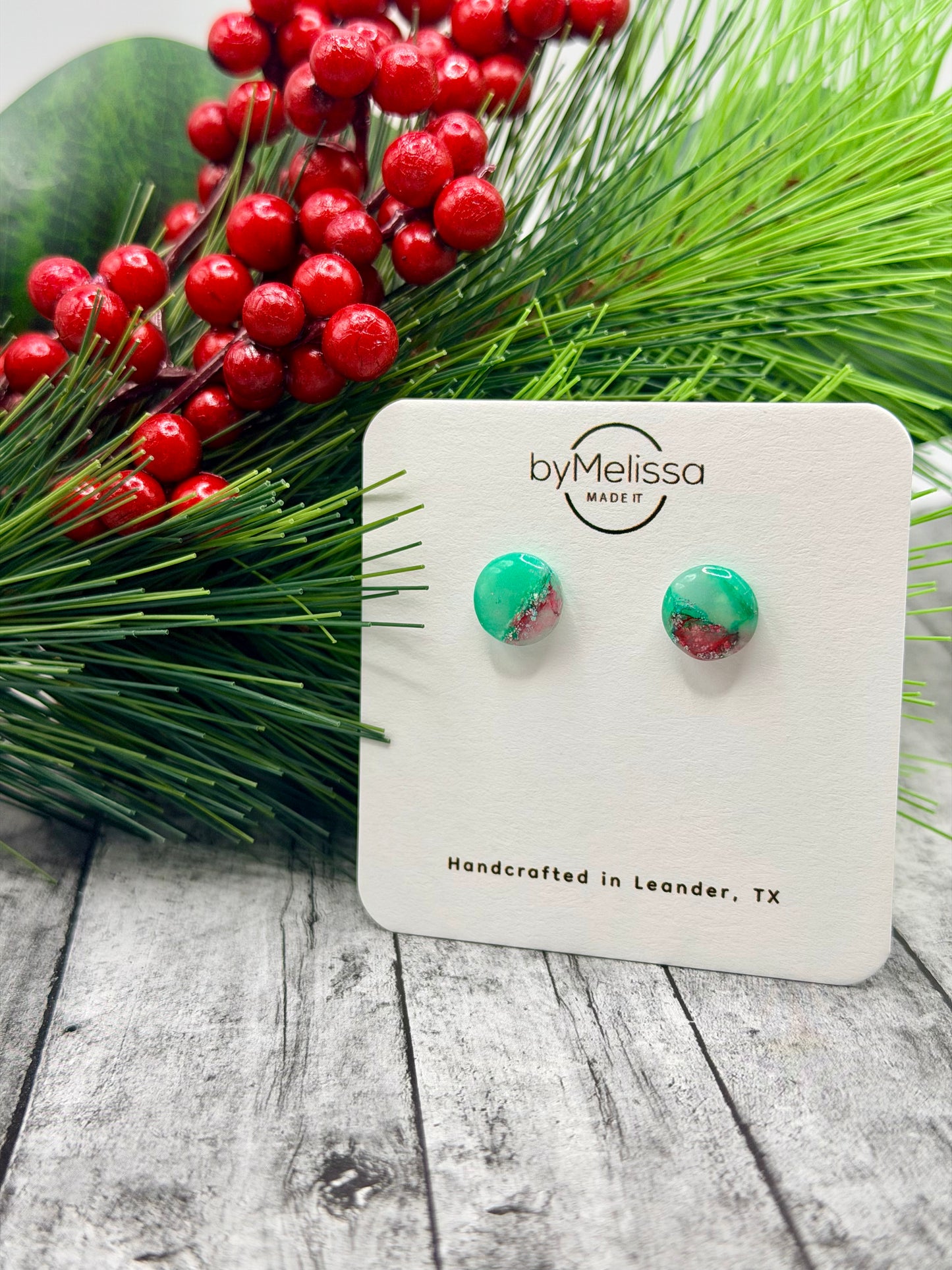 Red and Green Small Circle Stud Earrings