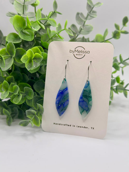 Forest Green and Blue Mini Elongated Kite Drop Earrings in Silver
