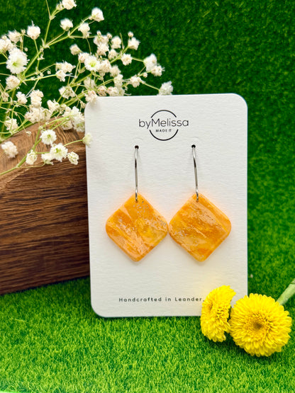 Orange Small Rounded Square Drop Earrings in Silver