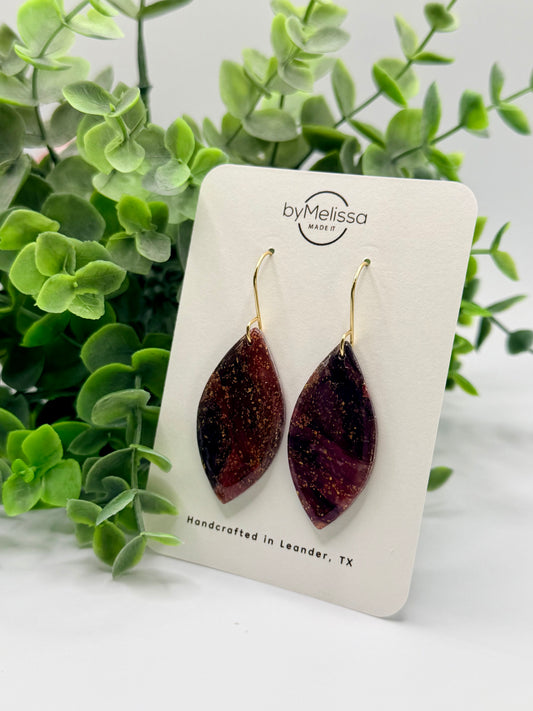 Maroon and Black Traditional Leaf Drop Earring in Gold