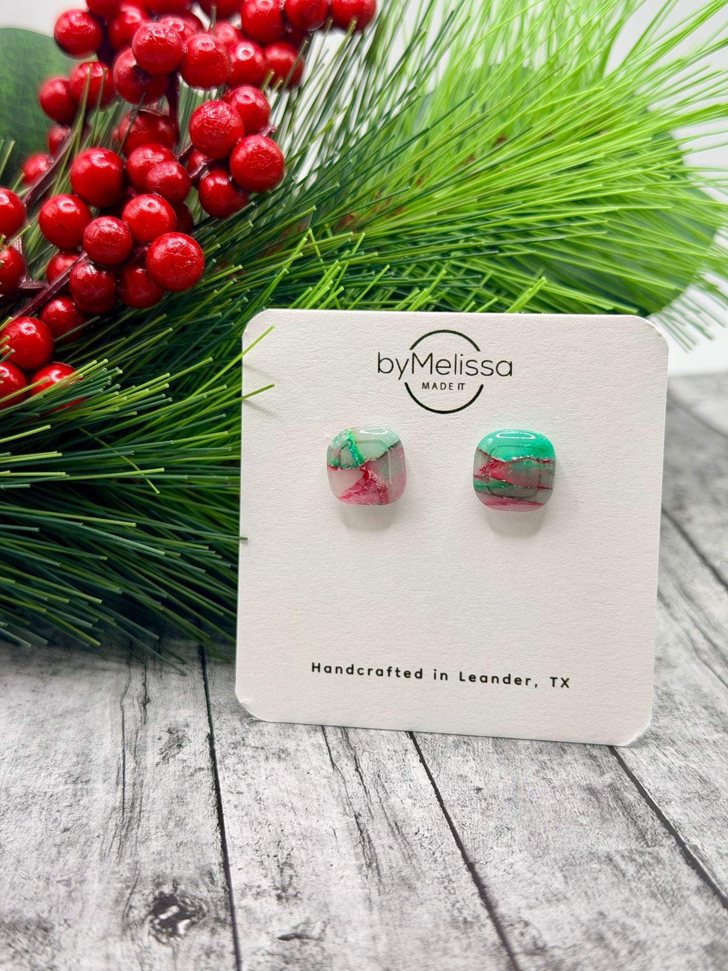 Red and Green Small Embedded Square Stud Earrings
