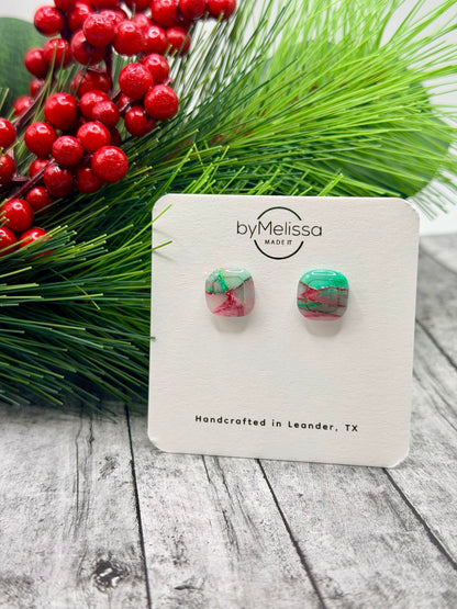Red and Green Small Embedded Square Stud Earrings