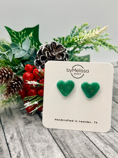 Green and Gold Heart Stud Earrings