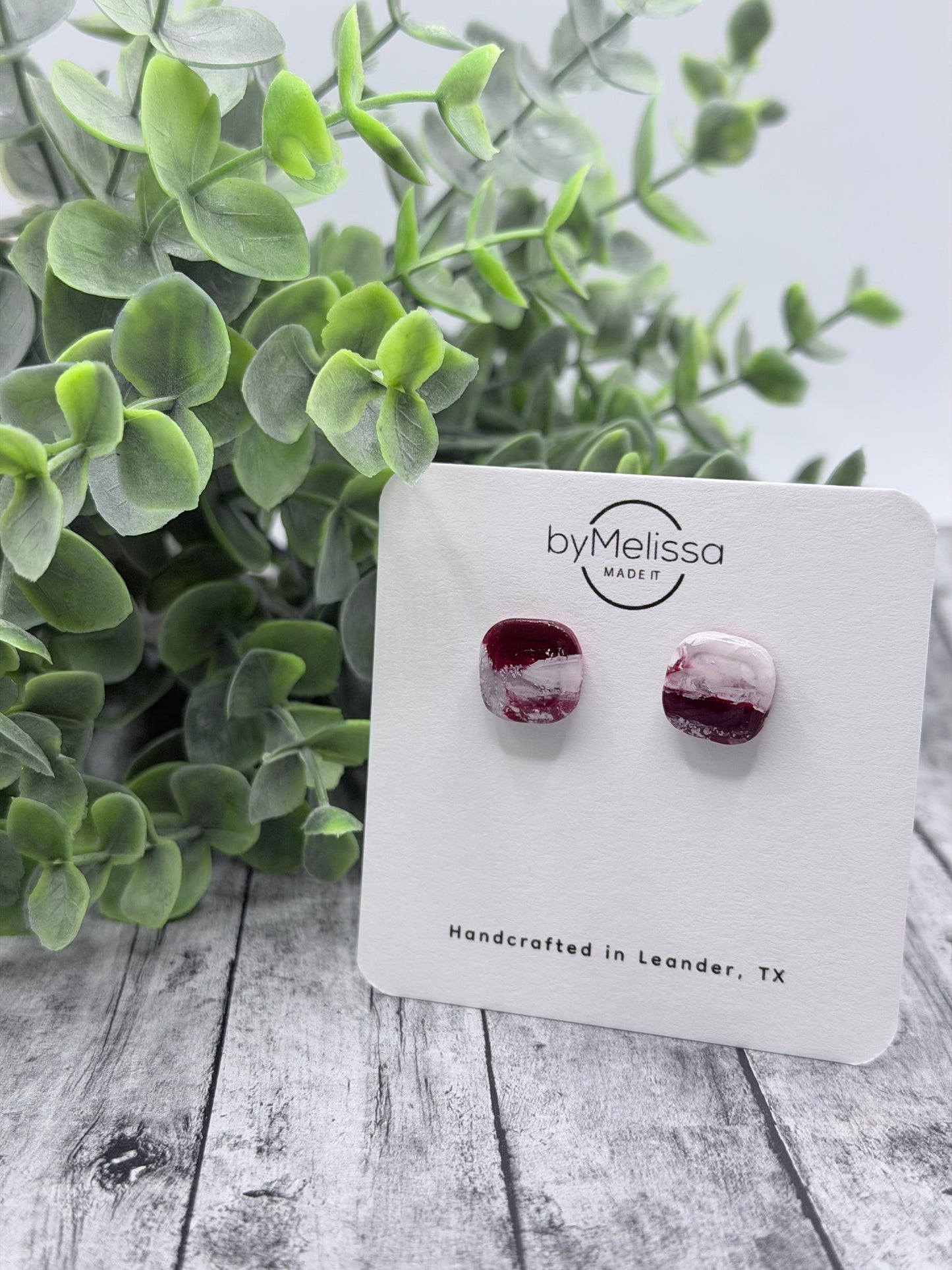 Maroon and White Small Embedded Square Stud Earrings