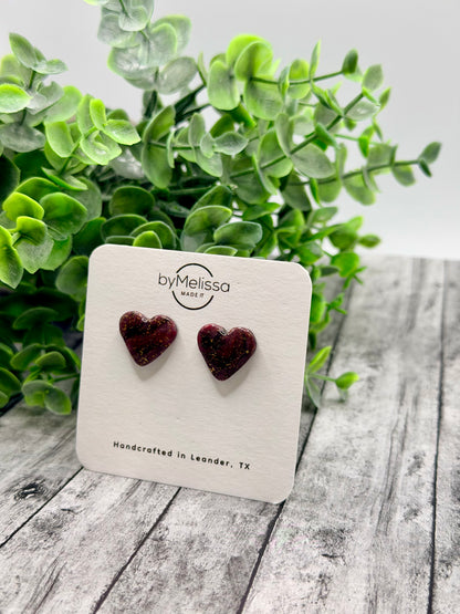 Maroon and Black Heart Stud Earrings