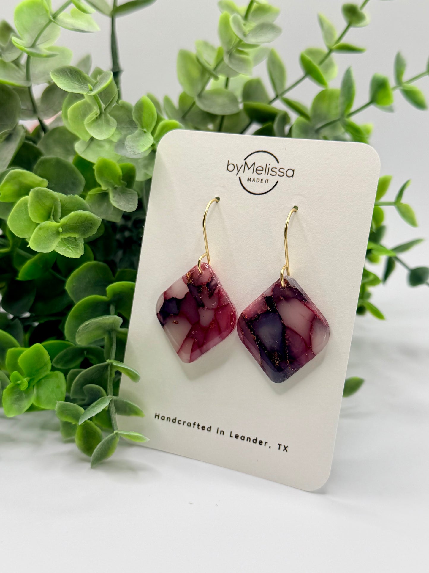Maroon and Black Rounded Square Drop Earrings in Gold
