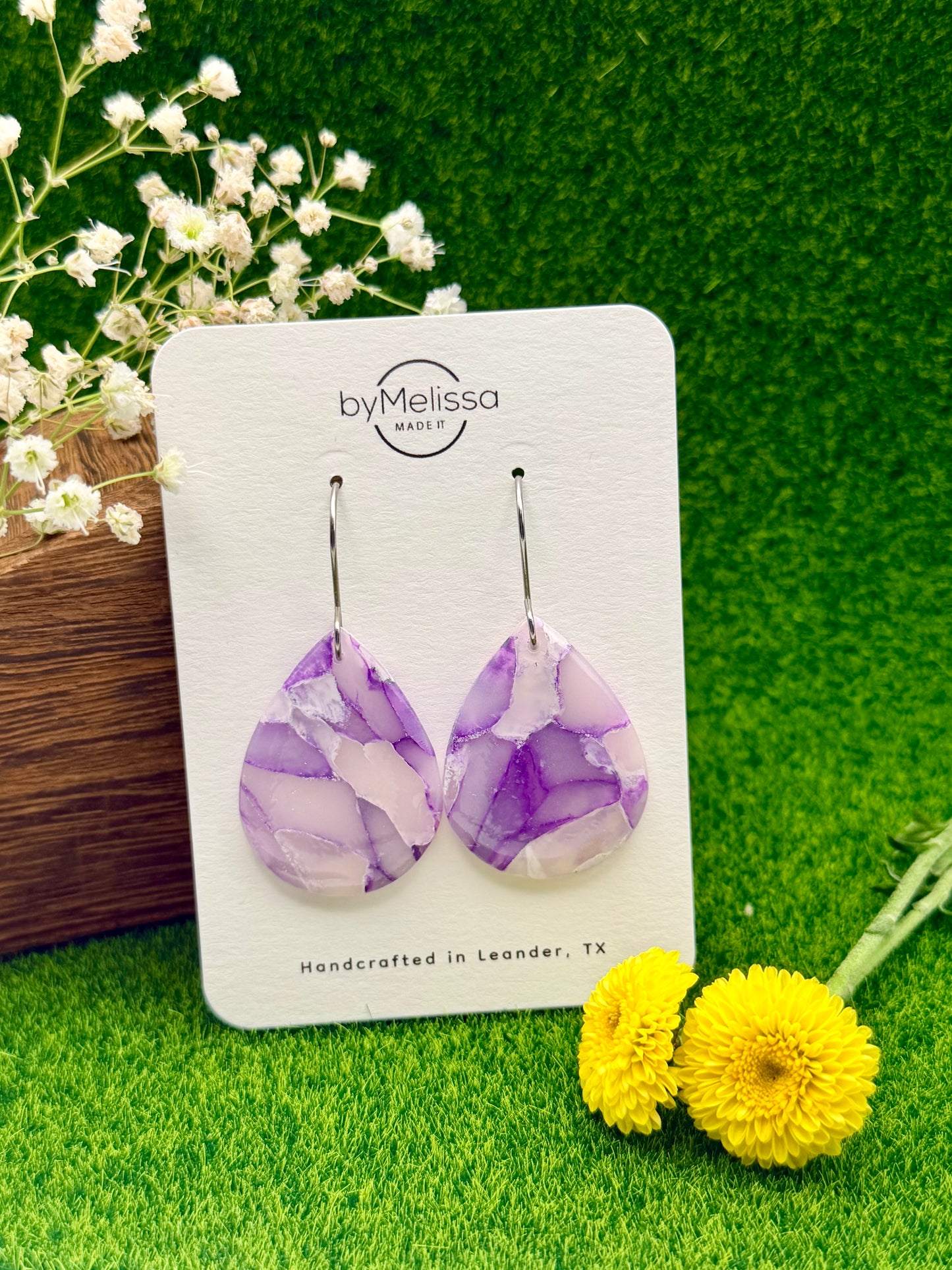 Purple and White Small Wide Teardrop Drop Earrings in Silver