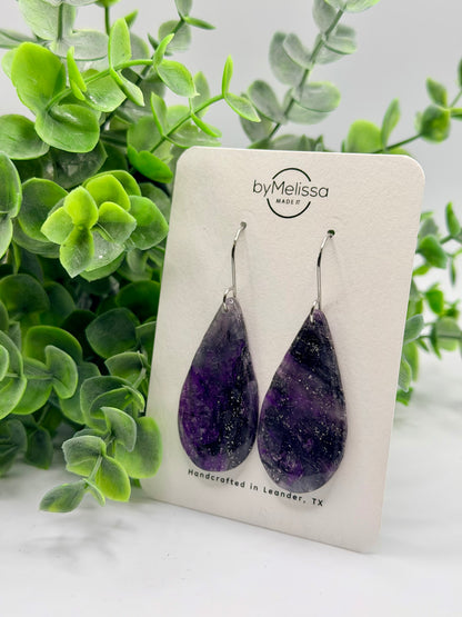 Purple and Black Small Teardrop Drop Earrings in Silver