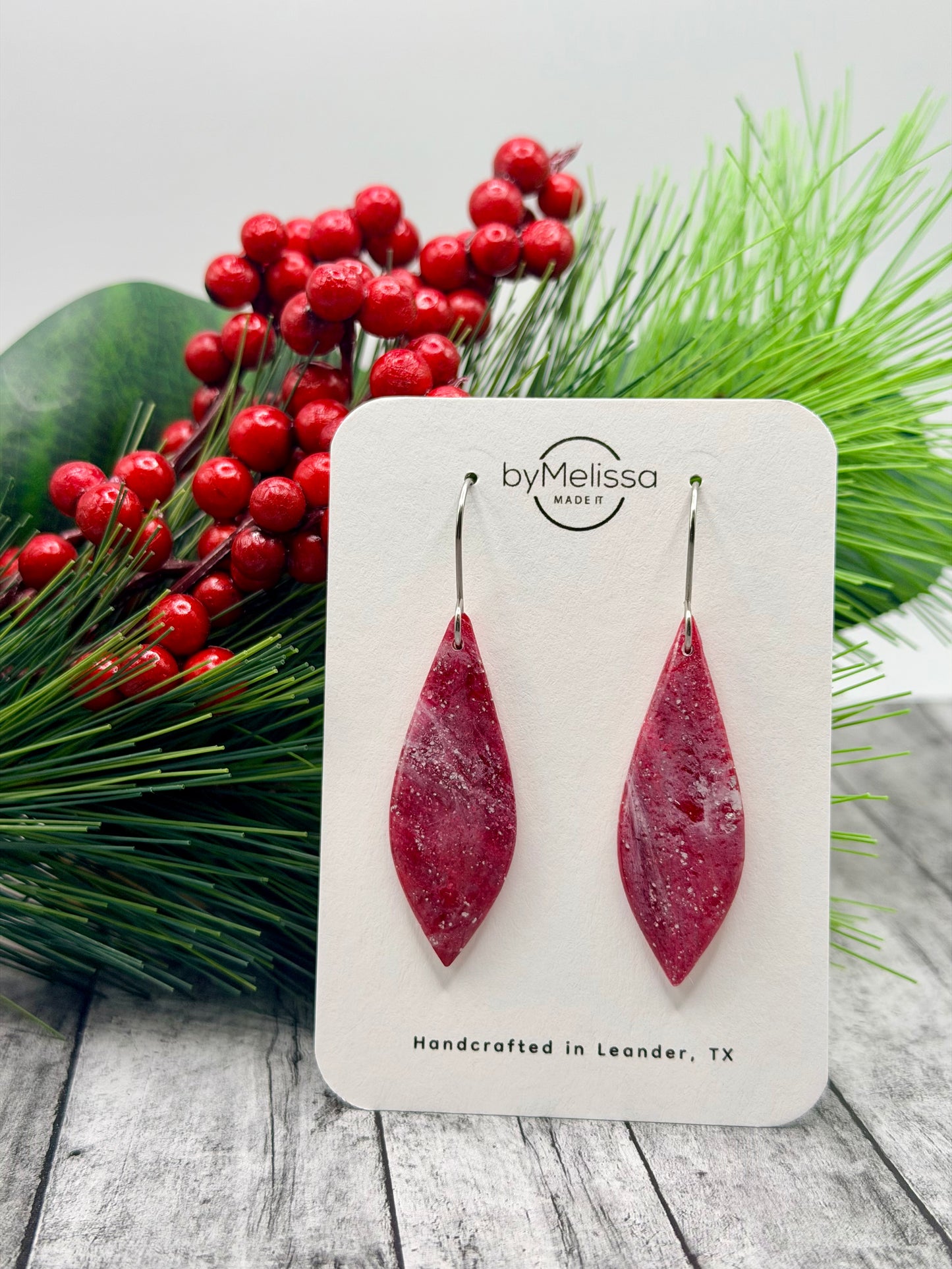 Red and White Small Elongated Kite Drop Earrings in Silver