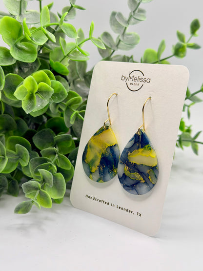 Navy and Gold Small Wide Teardrop Drop Earrings in Gold