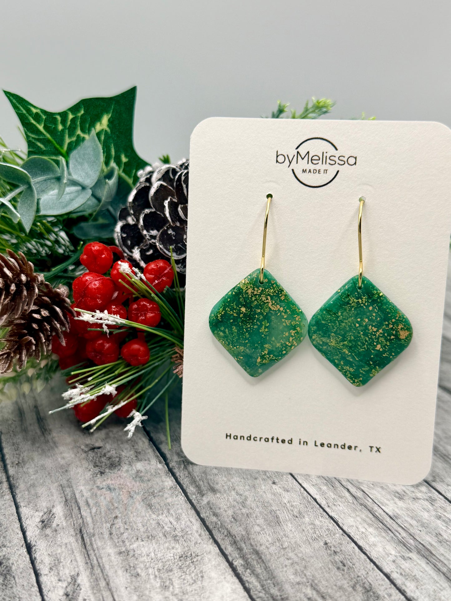 Green and Gold Small Rounded Square Drop Earrings