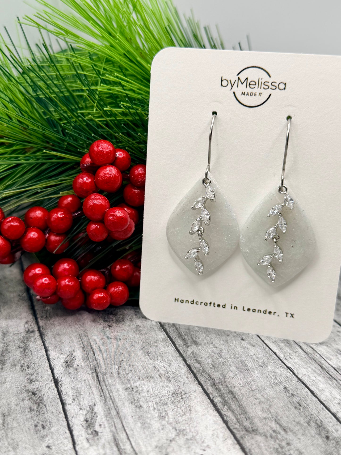 White and Silver Small Wide Leaf Drop Earrings with Trellis Charm