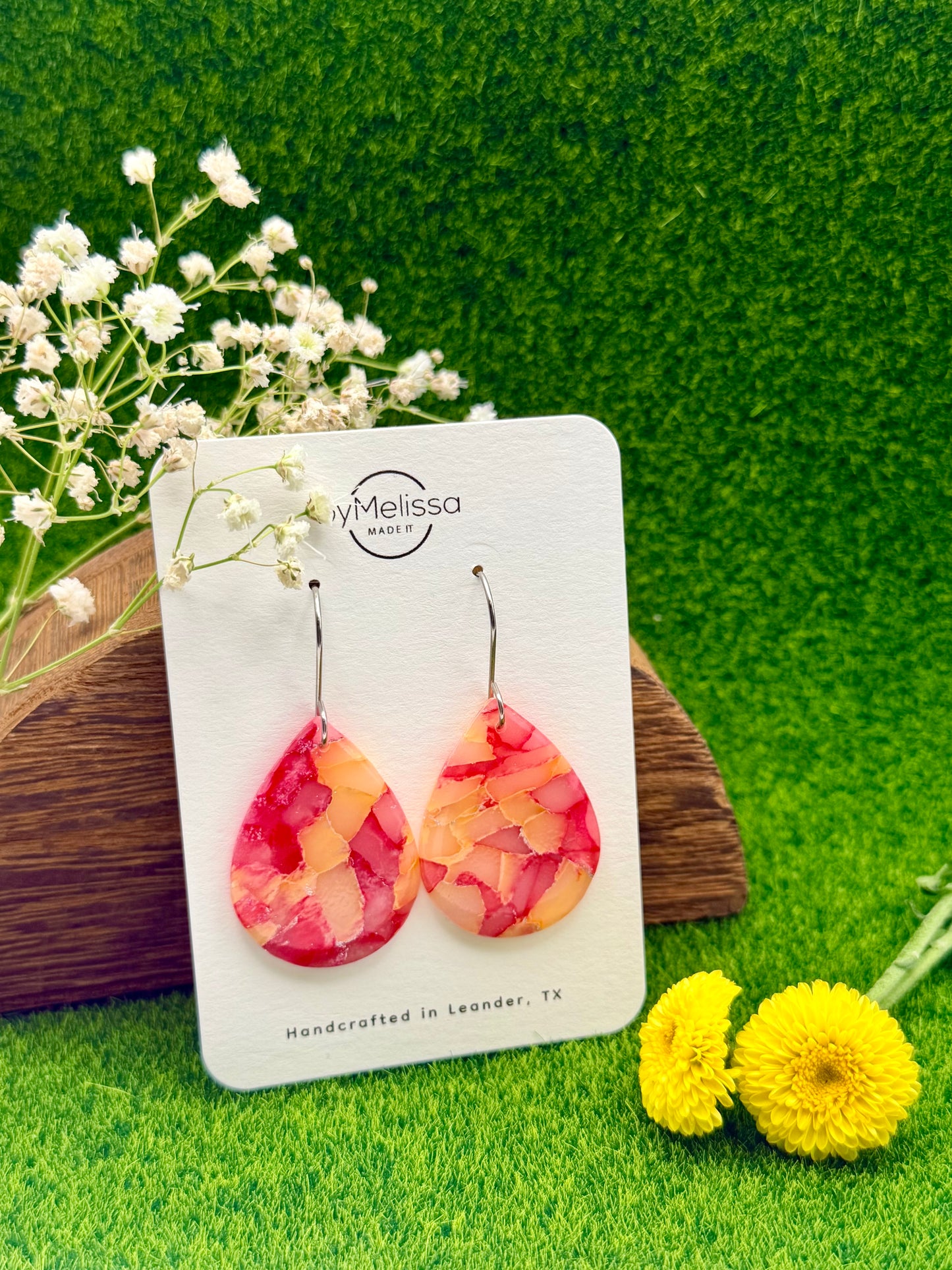 Red and Orange Small Wide Teardrop Drop Earrings in Silver
