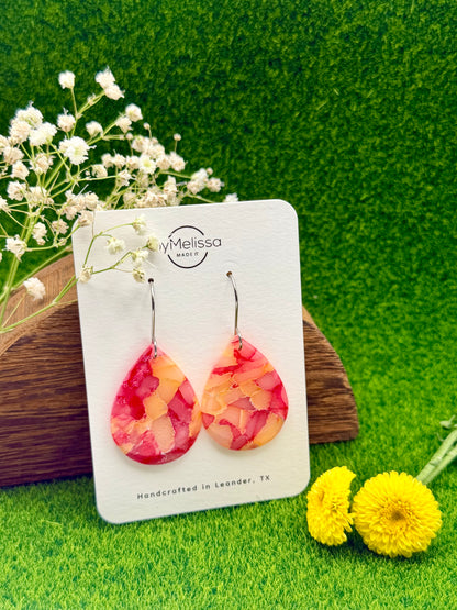 Red and Orange Small Wide Teardrop Drop Earrings in Silver