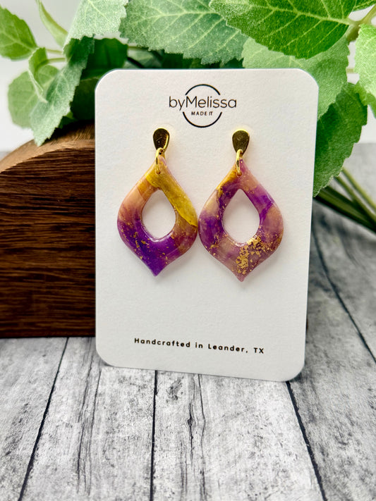 Purple and Gold Flame Drop with Gold Teardrop Studs