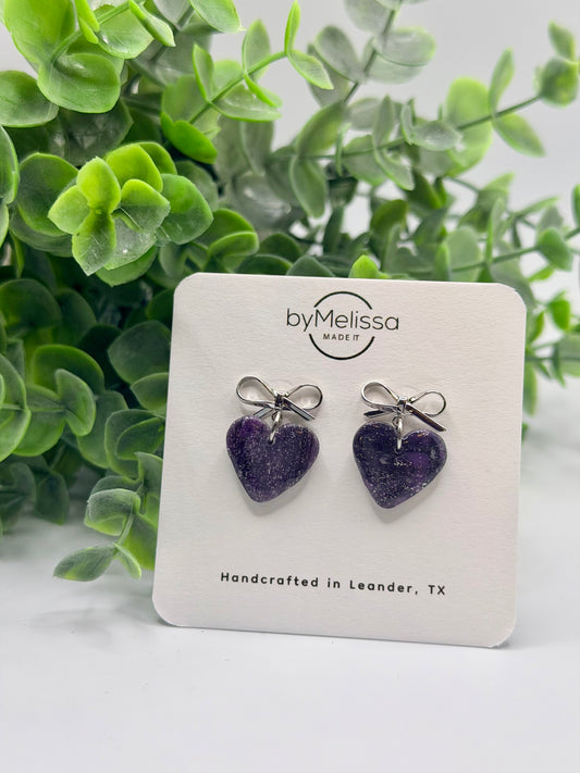 Purple and Black Bowknot Heart Earrings in Silver