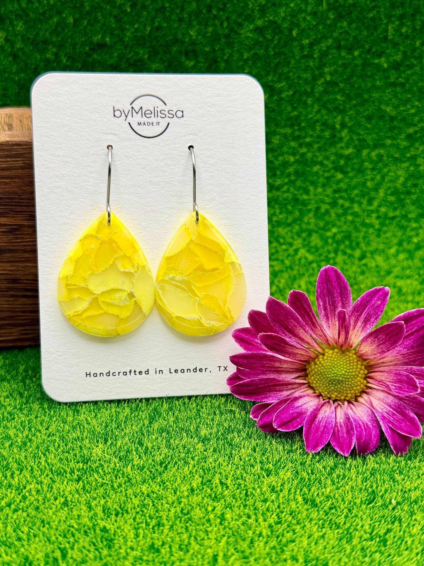 Yellow Small Wide Teardrop Drop Earrings in Silver