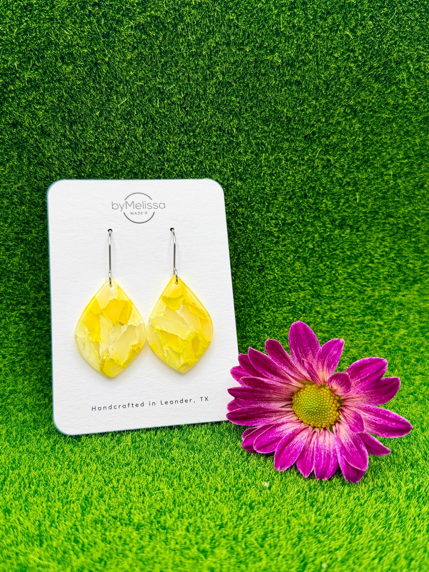 Yellow and White Small Wide Leaf Drop Earrings in Silver