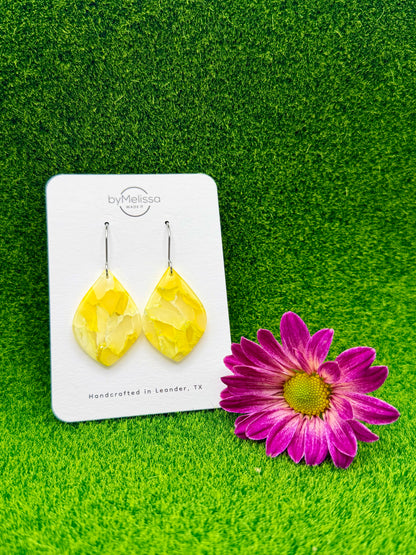 Yellow and White Small Wide Leaf Drop Earrings in Silver