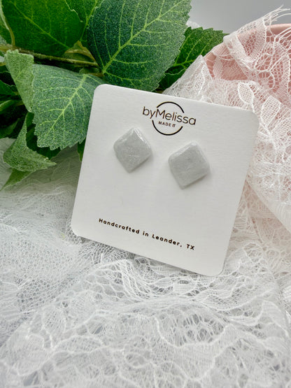 White and Silver Rounded Square Stud Earrings