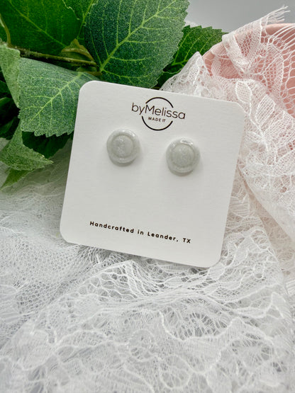 White and Silver Small Embedded Circle Stud Earrings