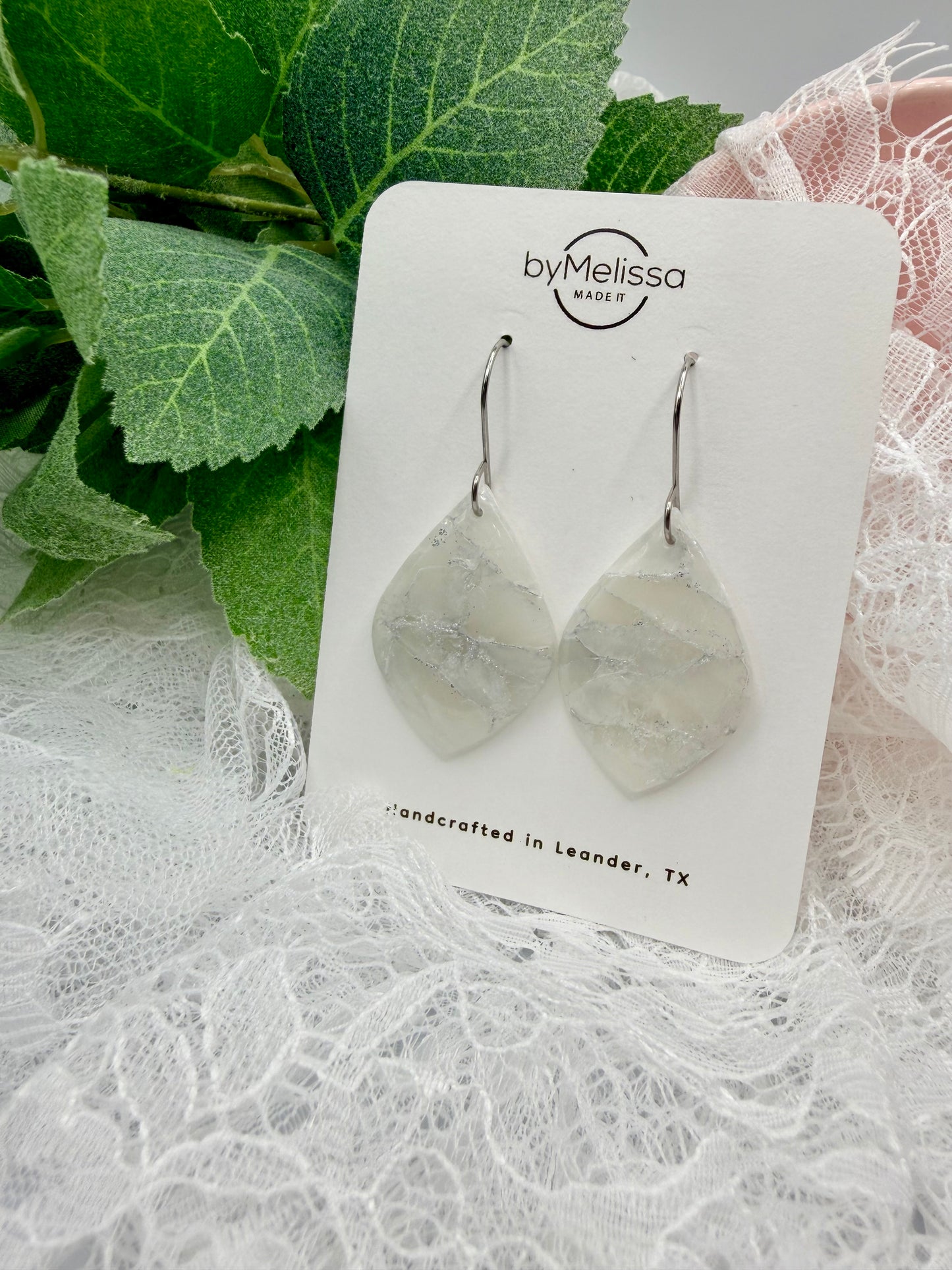White and Silver Small Wide Leaf Drop Earrings