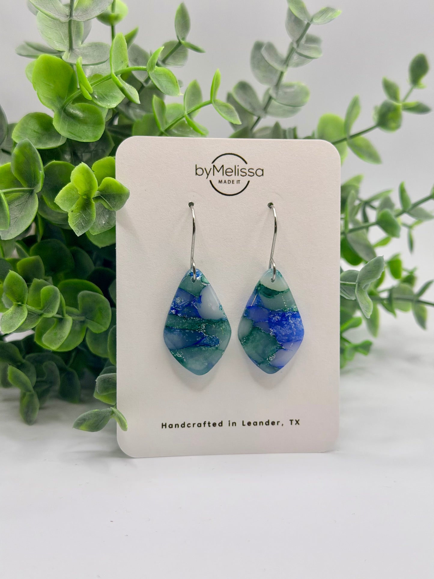 Forest Green and Blue Small Kite Drop Earrings in Silver