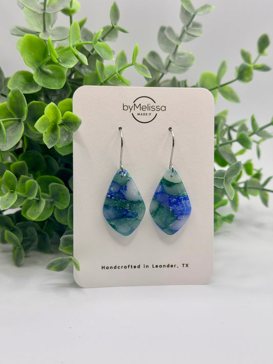 Forest Green and Blue Small Kite Drop Earrings in Silver