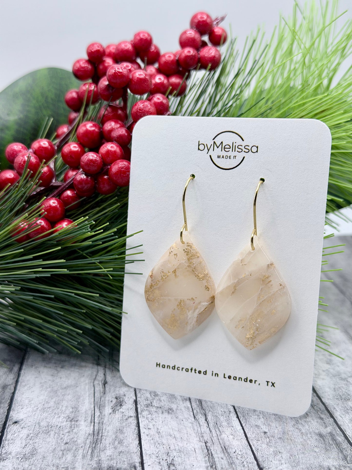 White and Gold Small Wide Leaf Drop Earrings
