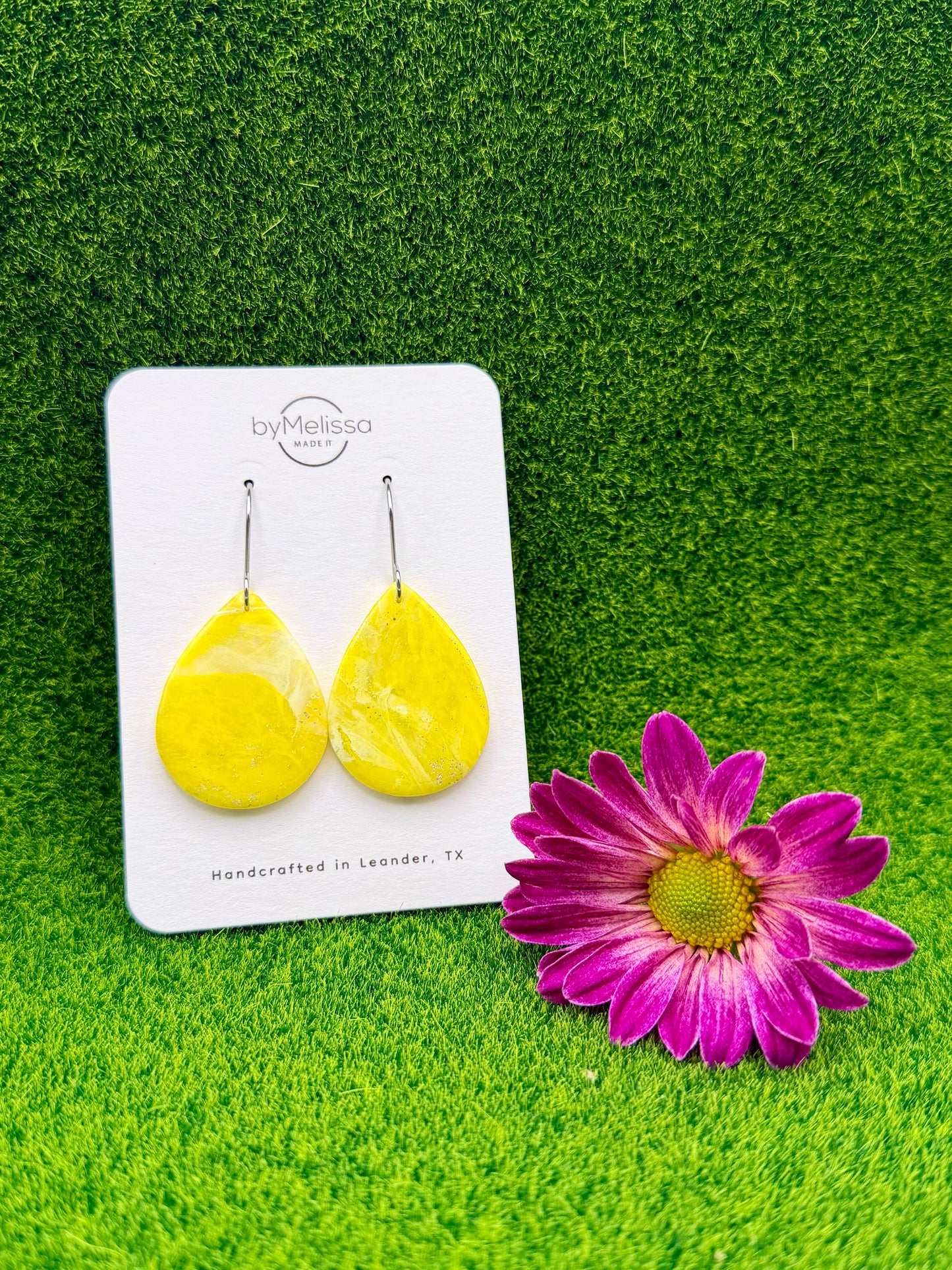 Yellow and White Small Wide Teardrop Drop Earrings in Silver