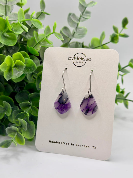 Purple and Black Petite Kite Drop Earrings in Silver