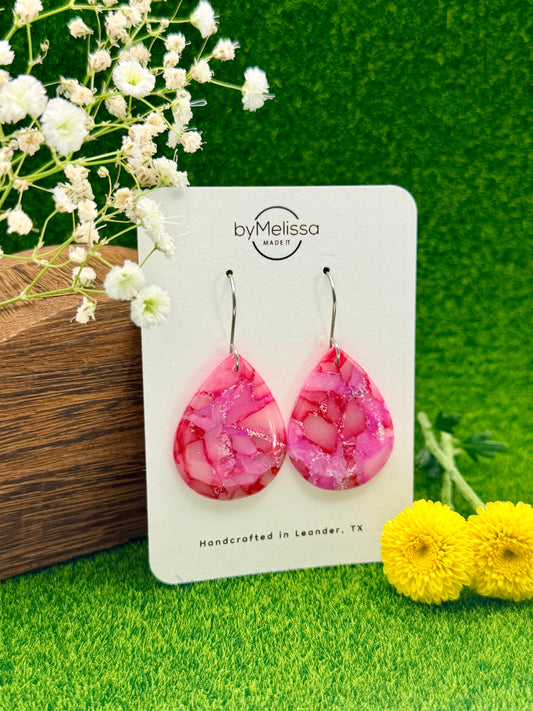 Red and Pink Small Wide Teardrop Drop Earrings in Silver