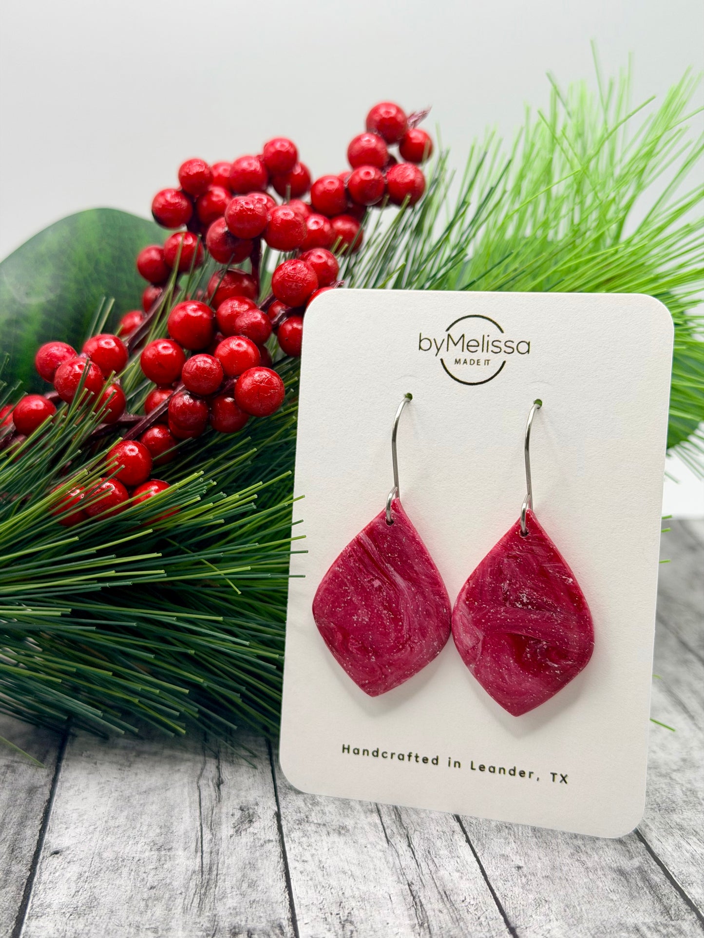 Red and White Small Wide Leaf Drop Earrings in Silver