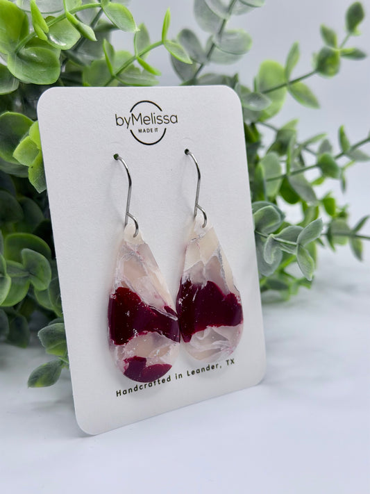 Maroon and White Small Teardrop Drop Earrings in Silver