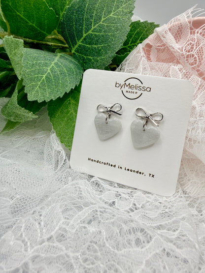 White and Silver Heart Bowknot Earrings