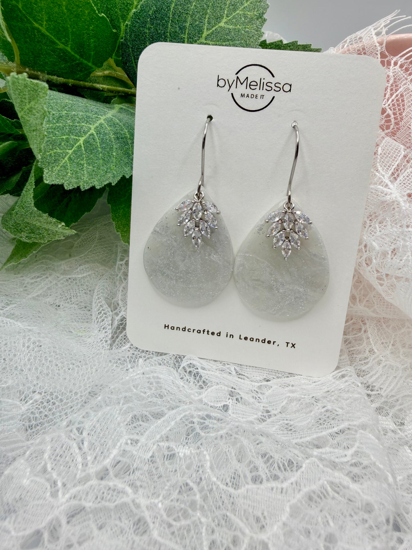 White and Silver Small Wide Teardrop Drop Earrings with Feather Charm