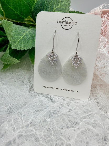 White and Silver Small Wide Teardrop Drop Earrings with Feather Charm