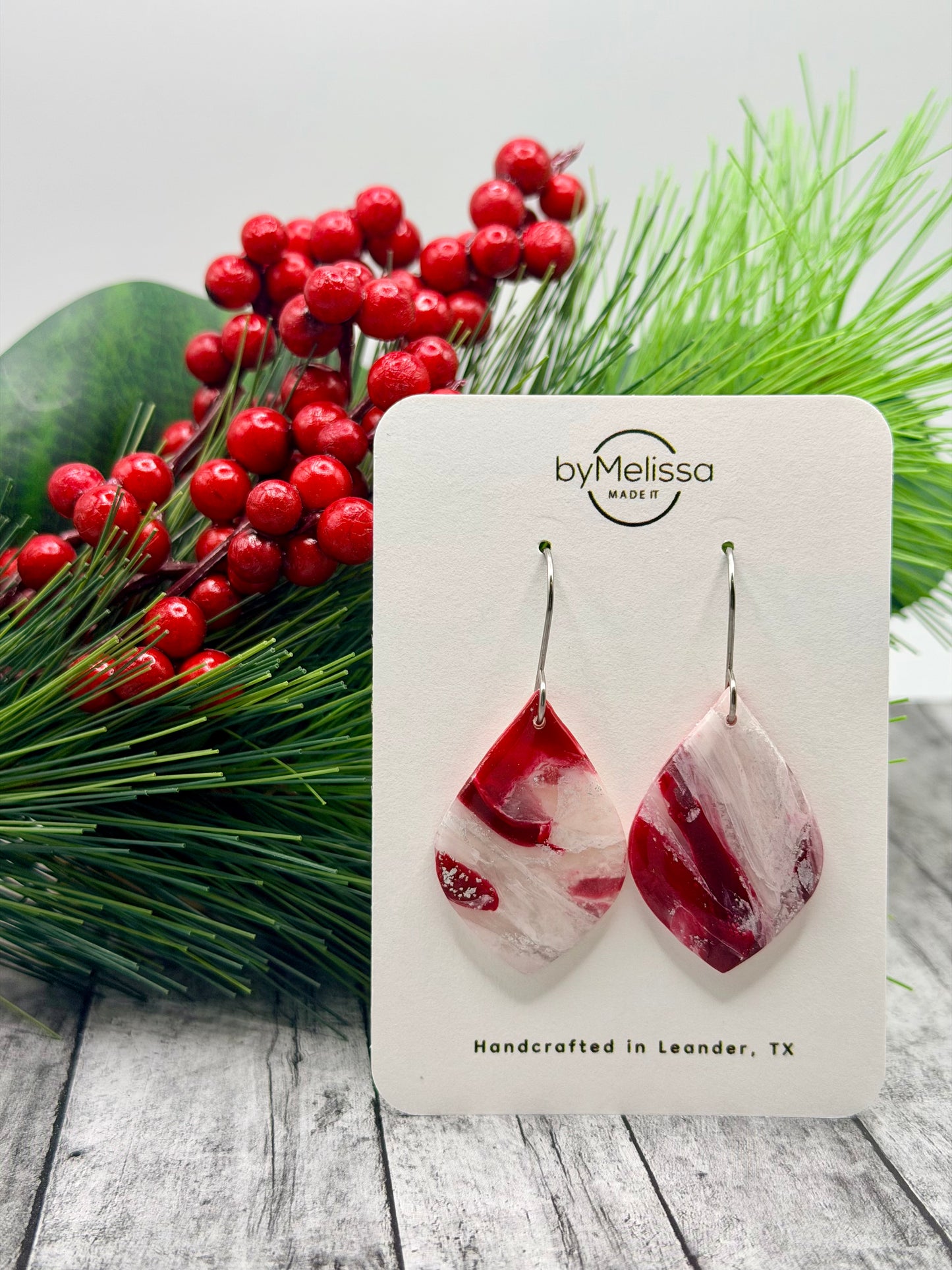 Red and White Small Wide Leaf Drop Earrings in Silver