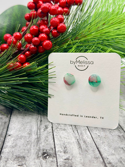 Red and Green Small Circle Stud Earrings