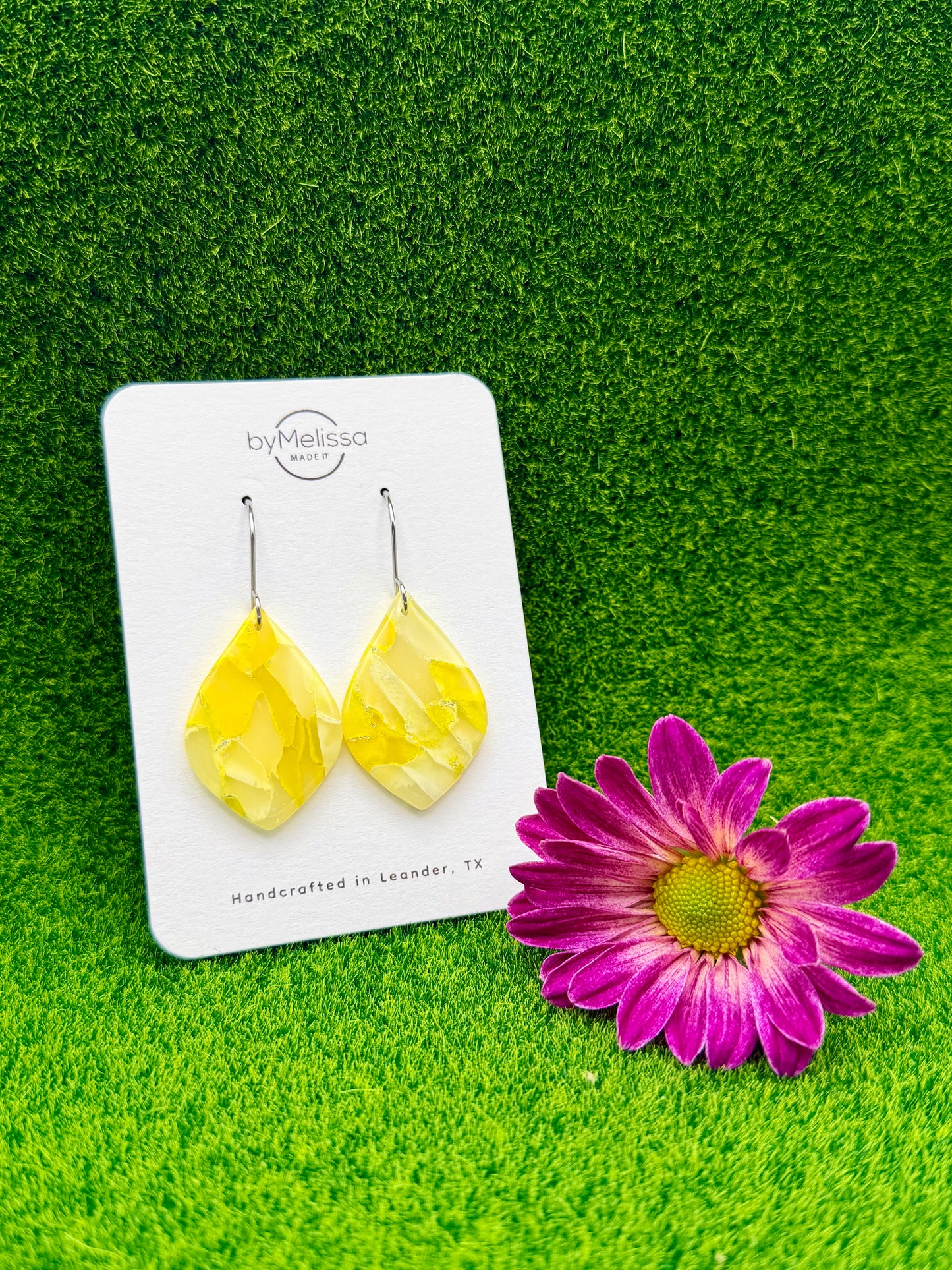 Yellow and White Small Wide Leaf Drop Earrings in Silver