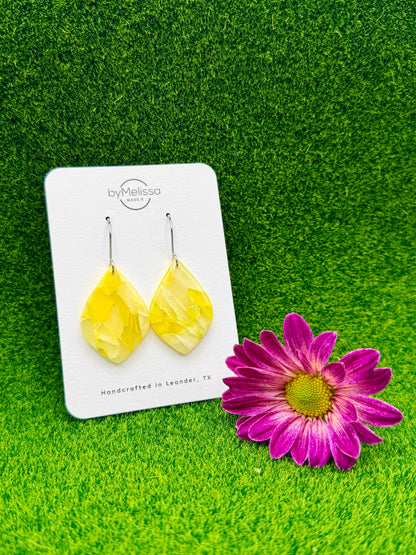 Yellow and White Small Wide Leaf Drop Earrings in Silver