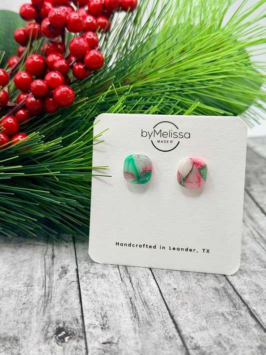 Red and Green Small Embedded Square Stud Earrings
