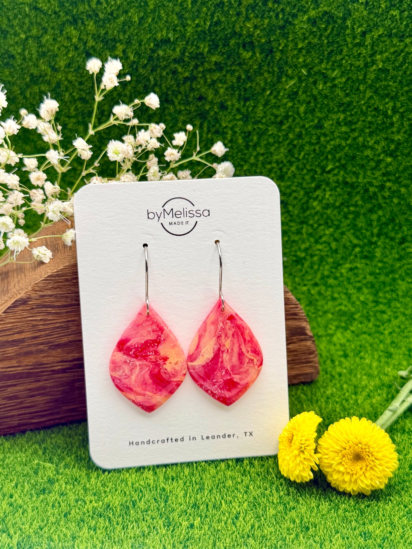 Red and Orange Small Wide Leaf Drop Earrings in Silver